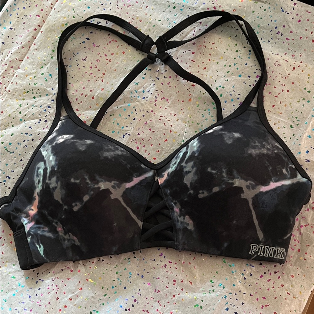 PINK Victoria's Secret Black and Gray Tie-Dye Sports Bra